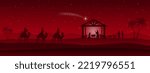 Red Christmas nativity scene: Three Wise Men go to the manger in the desert.