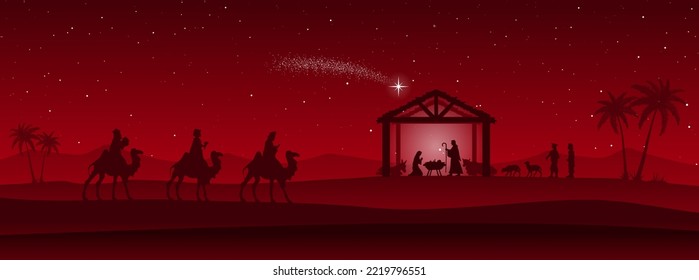 Red Christmas nativity scene: Three Wise Men go to the manger in the desert.