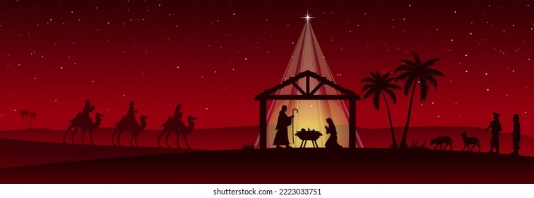 Red Christmas nativity scene: Three Wise Men go to the manger in the desert.