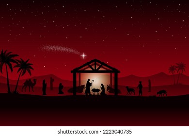 Red Christmas nativity scene: Three Wise Men go to the manger in the desert.
