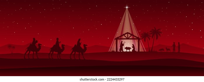 Red Christmas nativity scene: Three Wise Men go to the manger in the desert.