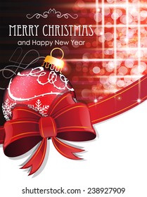 Red Christmas and New Year background with  bow, ribbon and bauble