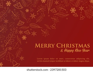 Navidad roja y antecedentes de Año Nuevo con la tarjeta de felicitación navideña elegante Doodles de Navidad. Ilustración vectorial