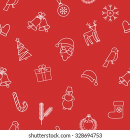 Red christmas and new year background. Santa Claus, bell, Christmas decorations, reindeer, snowflake, Christmas tree, gift, Bullfinch, Christmas hat, snowman. Vector Christmas seamless pattern.