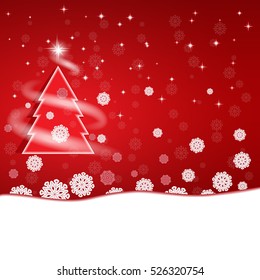 Red Christmas New Year background with snowflakes, stars and fir tree. 