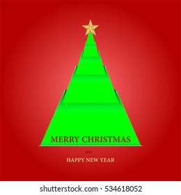 Red Christmas and New Year card with a green tree with a folded paper with gold star and gold lettering Merry Christmas and New Year with shadows on a red background 