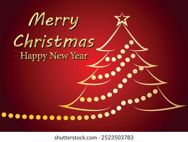 Red Christmas and New Year greetings from golden Christmas trees with Christmas balls