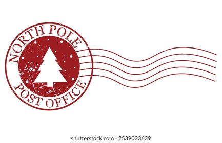 Red Christmas and New Year postal vector stamp with christmas tree. North pole post office. Grunge texture.