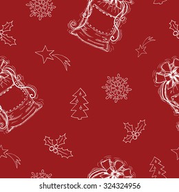 Red Christmas and New Year seamless background with gift, pattern with silhouettes and hand drawn elements