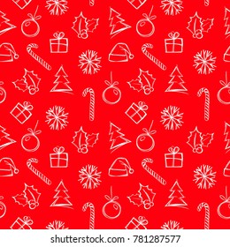 Red Christmas and New year seamless pattern. Gift wrapping paper. X-mas holiday.