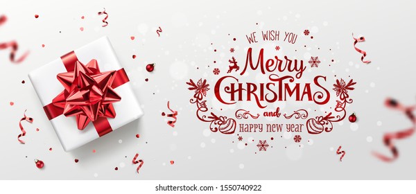 Red Christmas and New Year Text on Xmas background with gift boxes, red ribbon, decoration, sparkles, confetti, bokeh. Merry Christmas card. Vector Illustration, realistic vector