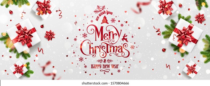 Red Christmas and New Year Text on Xmas background with gift boxes, fir branches, red ribbon, decoration, sparkles, confetti, bokeh. Merry Christmas card. Vector Illustration, realistic vector