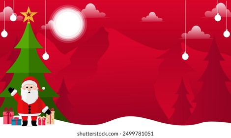 Red Christmas and New Year Themed Background with mountains, trees and Festive Colors