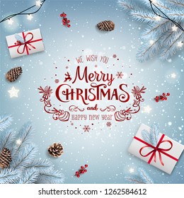 Red Christmas and New Year Typographical on white frozen background with snowy fir branches, gift boxes, pine cones, garland of lanterns. Xmas  and New Year theme. Vector Illustration