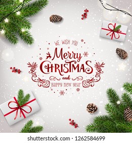Red Christmas and New Year Typographical on white background with fir branches, gift boxes, pine cones, garland of stars. Xmas  and New Year theme. Vector Illustration