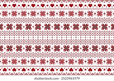 Red Christmas and New Year. Red and white seamless ethnic pattern. Christmas ethnic pixel pattern with Nordic flowers and hearts for winter hats, postcard, gifts, clothes, carpet,sweaters and jumpers.