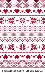 Red Christmas and New Year. Red and white seamless ethnic pattern. Christmas ethnic pixel pattern with Nordic flowers and hearts for winter hats, postcard, gifts, clothes, carpet,sweaters and jumpers.