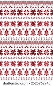 Red Christmas and New Year. Red and white seamless ethnic pattern. Christmas ethnic pixel pattern with Nordic flowers, pine trees, reindeers and snowflakes for winter hats, sweaters and jumpers.