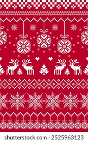 Red Christmas and New Year. Red and white seamless ethnic pattern. Christmas ethnic pixel pattern with Nordic snowflakes, pine trees, reindeers, heart and baubles for winter hats, sweaters and jumper.