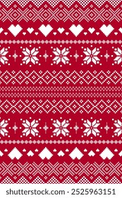 Red Christmas and New Year. Red and white seamless ethnic pattern. Christmas ethnic pixel pattern with Nordic flowers and hearts for winter hats, postcard, gifts, clothes, carpet,sweaters and jumpers.