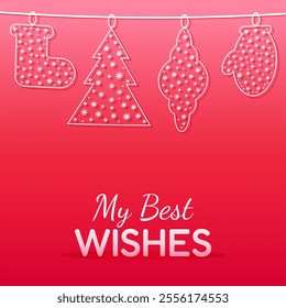 Red christmas, new year, winter holidays card with slogan my best wishes. Vector illustration.Card, banner, template, social media post.