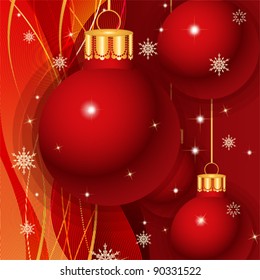 red  Christmas and New Year winter holiday greeting card with balls ornaments and snowflake, vector