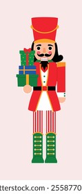 Red Christmas Nutcracker holding Christmas gift illustration 