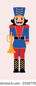 Red Christmas Nutcracker holding horn illustration 