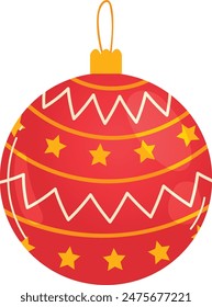 Red Christmas ornament decorated zigzag white lines yellow stars isolated white background. Shiny holiday bauble festive decoration hanging string top. Decorative seasonal red bulb circular pattern