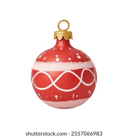  A red Christmas ornament is seen against a stark white backdrop. The ornament is adorned with white circles and dots, adding a touch of contrast to the otherwise monochromatic composition. 