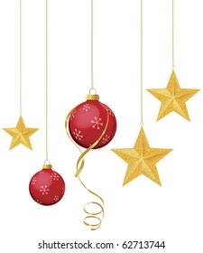 Red Christmas Ornaments With Gold Stars Hanging