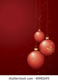 Red Christmas Ornaments on Red Gradient Background. Each ornament and design element on separate layer for easy editing.