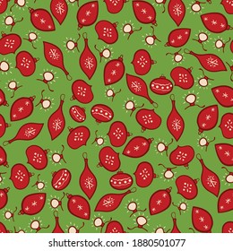 Red christmas ornaments seamless vector pattern on green. Surface print design for fabrics, stationery, scrapbook paper, gift wrap, home decor, textiles, and packaging.