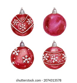 Red Christmas Ornaments Set Isolated On White Background, Hand Painted Decorative Christmas Balls In Watercolor