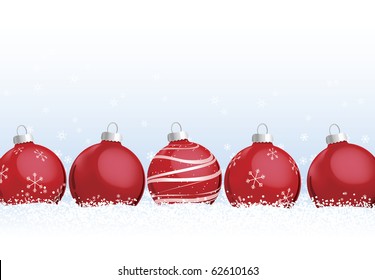 Red Christmas Ornaments In Snow. Detailed Snow Flakes Falling In Background Against Blue Gradient