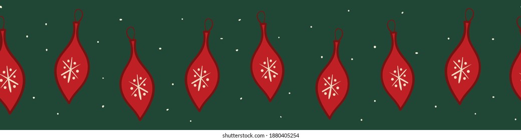 Borde vectorial de adornos de navidad roja. Diseño de impresión superficial festivo para adornar tarjetas, carteles y empaques. Se puede repetir como patrón sin fisuras en tejidos, textiles, artículos de papelería y envoltura de regalo.