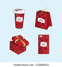 Red Christmas packaging set: coffee cup, shopping bag, gift, case for smartphone