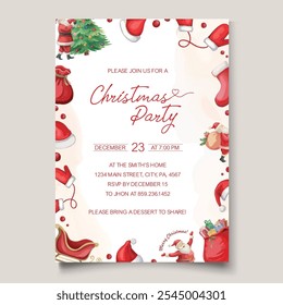 Red Christmas Party invitation template with Santa Claus characters, red bag, gloves, hat, socks, Merry Christmas.