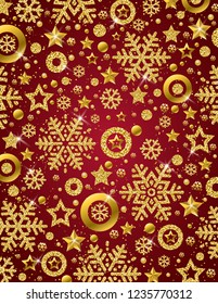 Red Christmas pattern background with golden glittering snowflakes and stars,  vector illustration