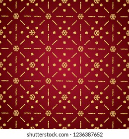 Red Christmas pattern background with golden glittering snowflakes, vector illustration