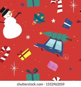 Red christmas pattern with balls, gift boxes, snowman, car, candies and snowflakes. Background for wrapping gifts, cards, fabrics.