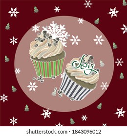 Tarjeta de patrón de Navidad roja con muffins e inscripción