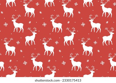 Red Christmas pattern, deer illustrations. Gift wrapping paper design, vector seamless background for winter holidays.