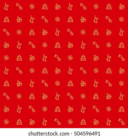 red christmas pattern, Christmas and New Year, drawn icons tree bell snowflake socks and a shooting star