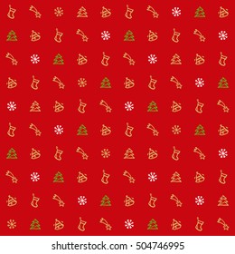 red christmas pattern, Christmas and New Year, drawn icons tree bell snowflake socks and a shooting star