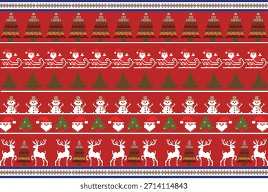 Padrão de Natal vermelho com árvores, bonecos de neve e renas