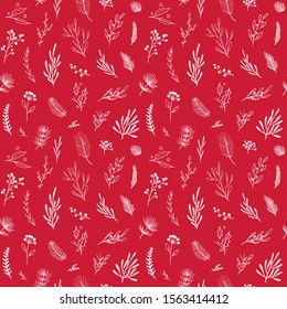 Red Christmas Pattern. Vector Seamless Pattern For Christmas Holiday Gift Wrapping. Seamless Wrapping Paper With Floral Elements On Red Background. Winter Background.