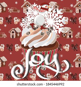 Red Christmas patterned card with snowman and cupcake