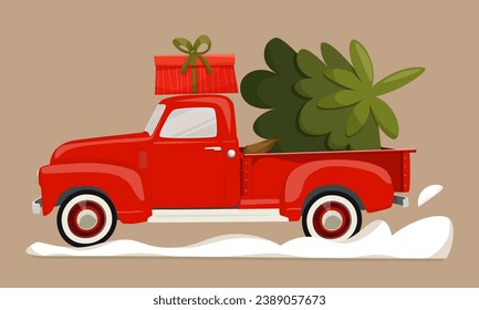 Red Christmas pickup truck with a gift box on the roof and a Christmas tree in the trunk. A truck carrying a Christmas tree through a snowdrift. New Year or Christmas card, poster, flyer, invitation.