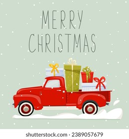 Red Christmas pickup truck with gift boxes in the trunk in the snow. A truck carrying New Year's gifts through a snowdrift. Merry Christmas text. New Year or Christmas card, poster, flyer, invitation.